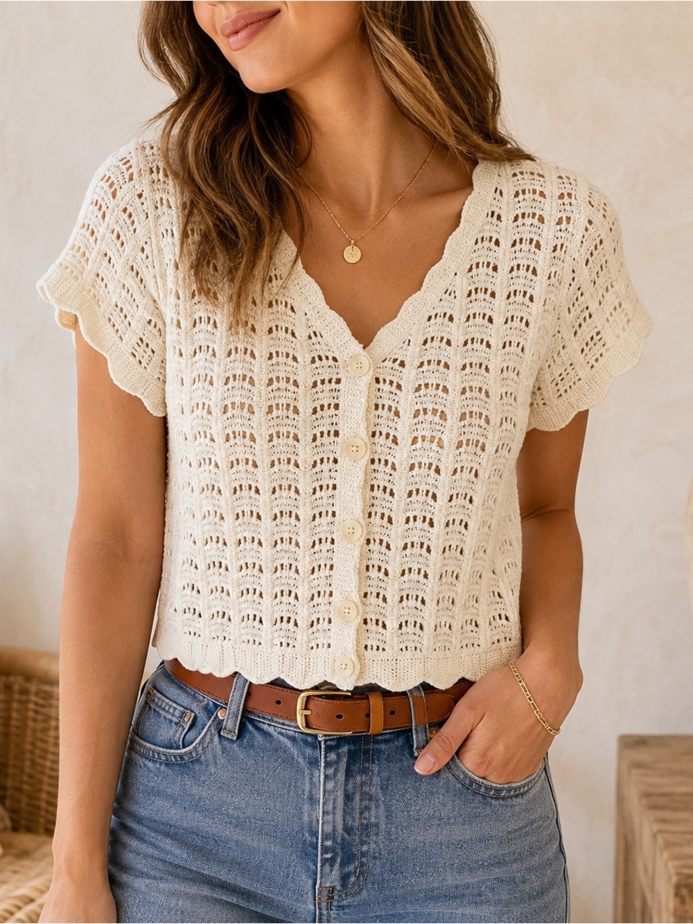 Coastal Chic Ivory Crochet Cotton Cardigan Scalloped Hem Button Front Large